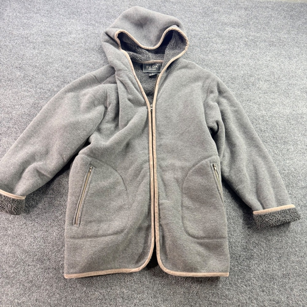 Fu Da New York Fleece Hoodie Jacket Sherpa Lined Zip Up Gray Large Womens Coat